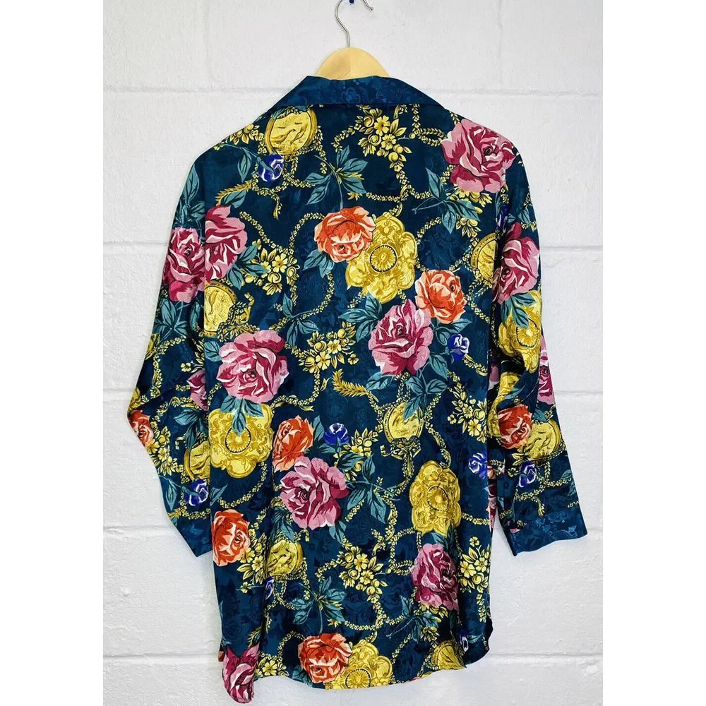 Vtg Victorias Secret Gold Label Button Sleep Shirt Small Roses Green Floral Gold